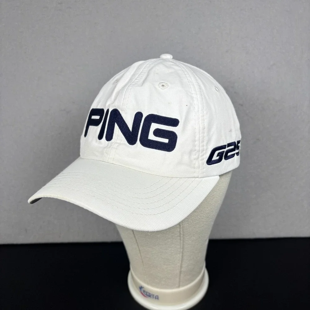 PING G25 Performance Golf Cap Adjustable Strap Back Hat White Navy Blue Logo
